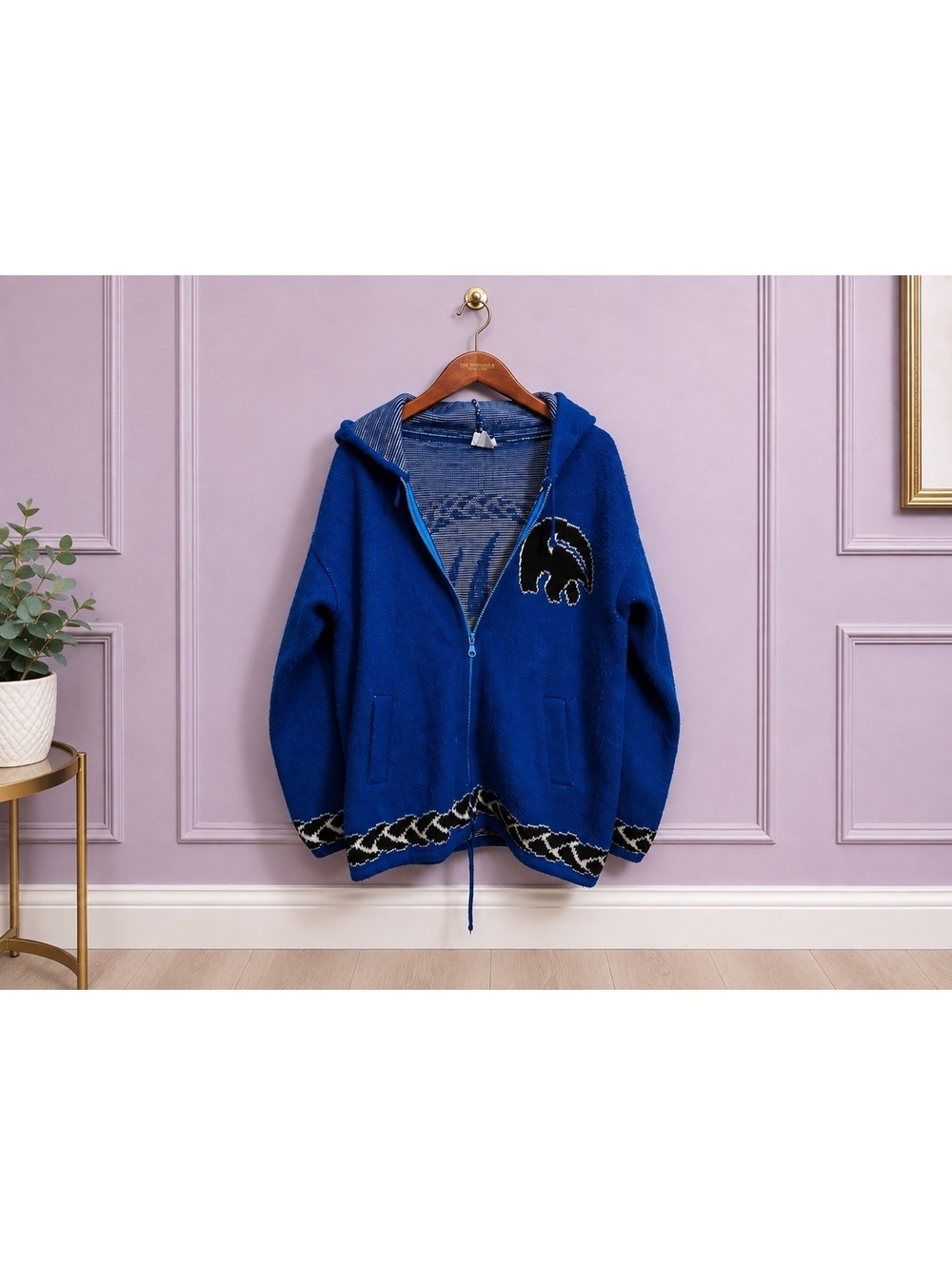 Native Spirit Arts Large Blue Hooded Zip-Up Sweater with Bear Design